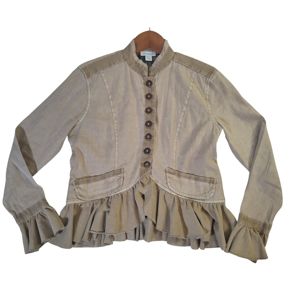 Sundance Womens Tan Linen Blend Ruffle Peplum Jacket PXS Petite Extra Small
